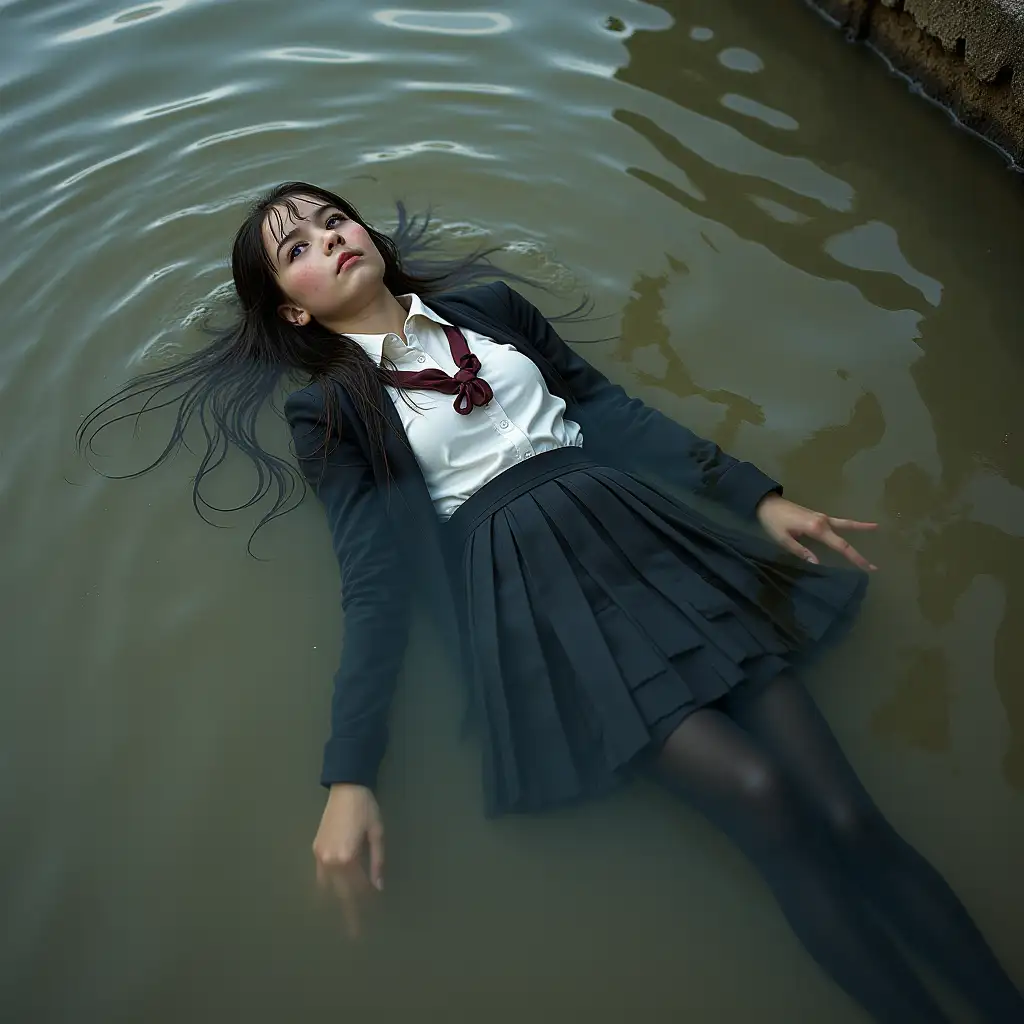 A young schoolgirl in a school uniform, in a skirt, jacket, blouse, dark tights, high-heeled shoes. She is swimming in a dirty pond, lying under water, all her clothes are completely wet, wet clothes stick to her body, the whole body is under water, submerged in water, under the surface of the water, below the water's edge.