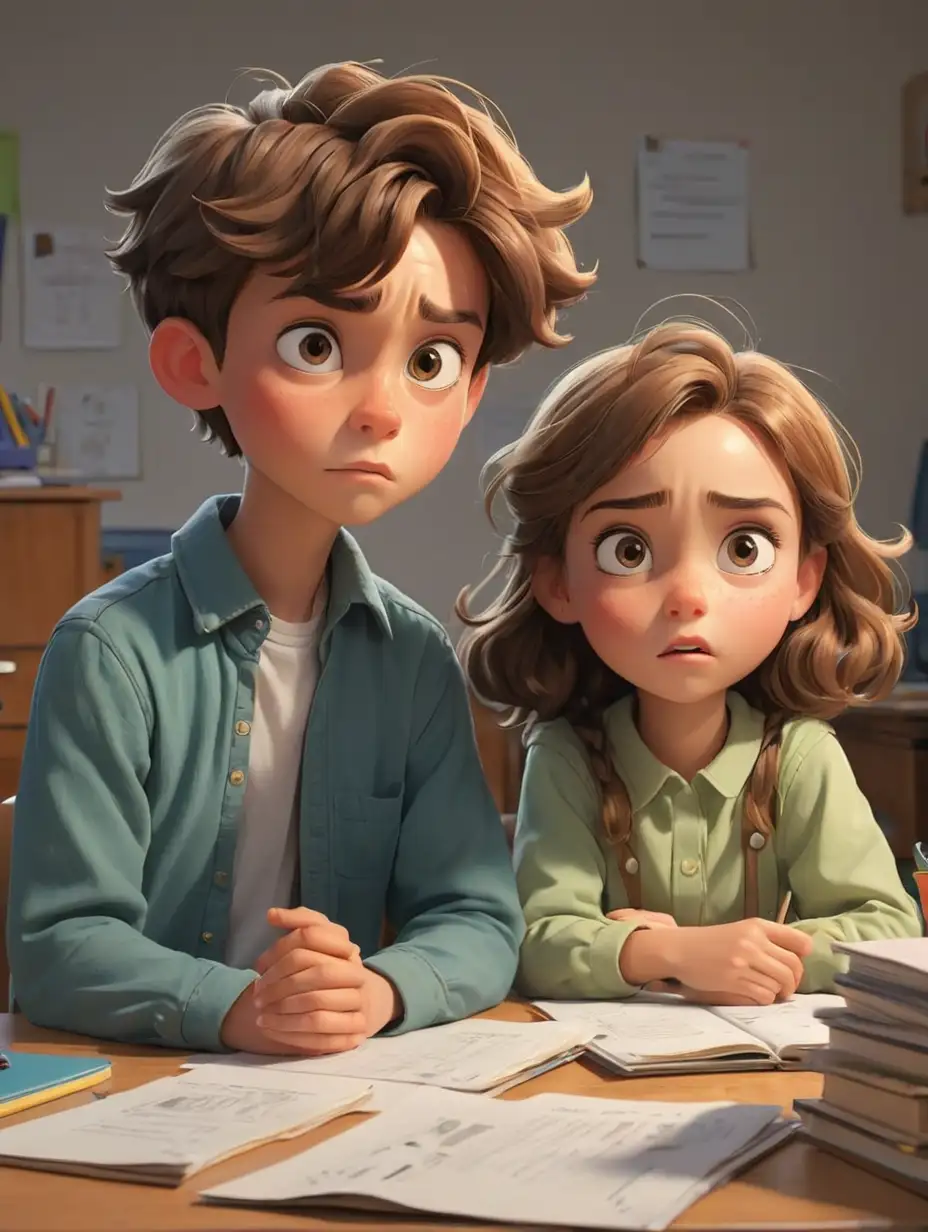 bright cartoon image boy and girl sitting at one desk boy trying to cheat by looking at girl's answers