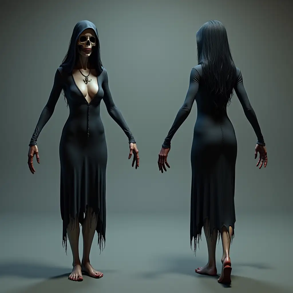 a scary freaky female ghost ( 3d model , T-Pose , horror game , both front and backward image)