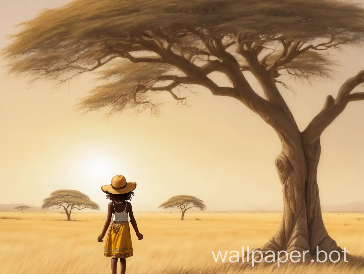 Solitary-Acacia-Tree-with-Brown-Girl-in-Sunhat-Smiling-on-Savanna