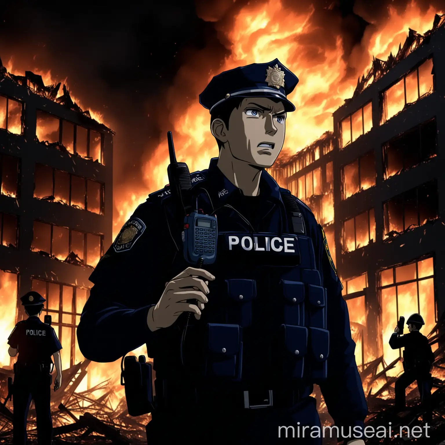 Tense Police Officer Communicating in a Burning Building