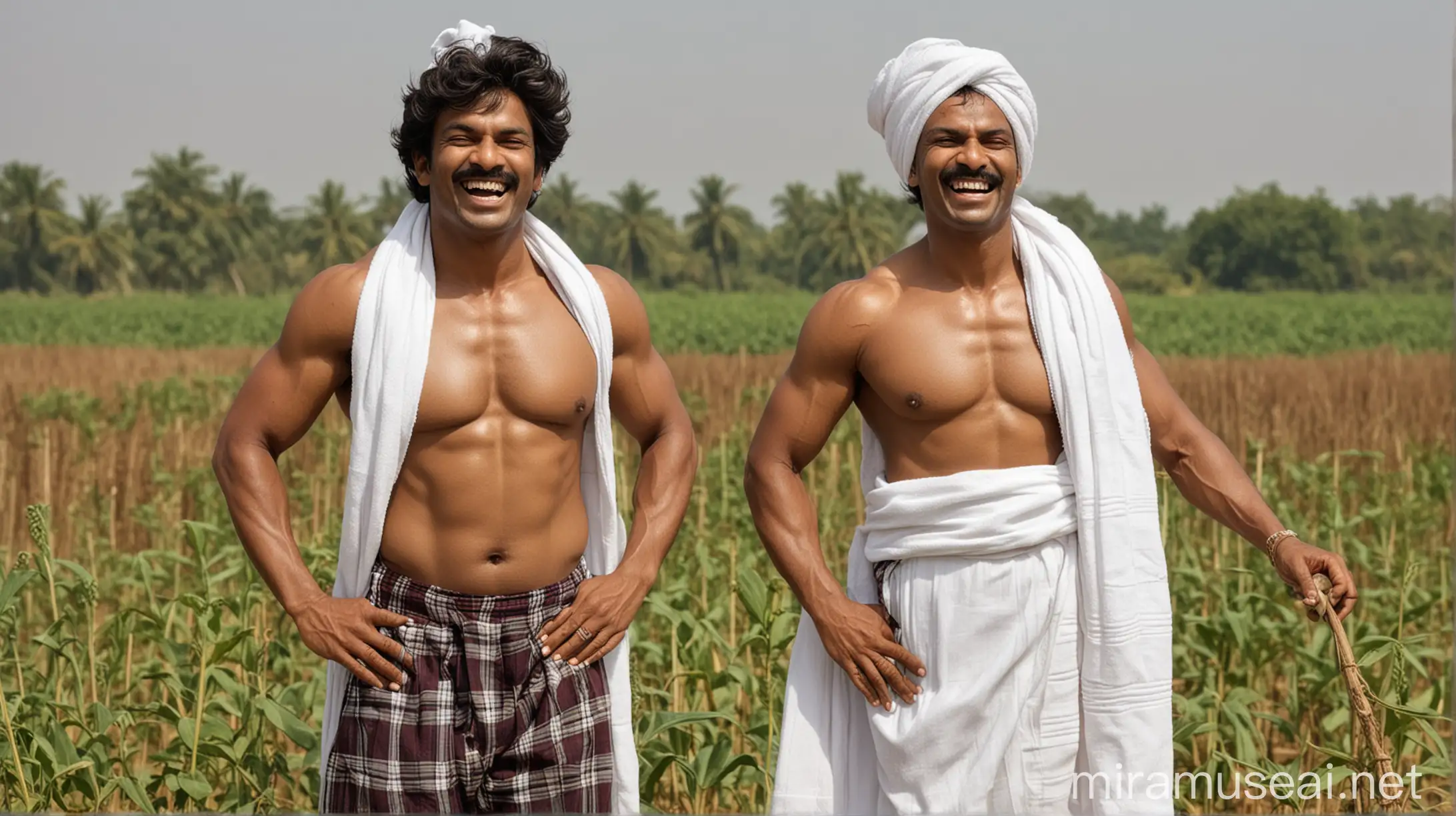 Indian Bodybuilder and Elderly Woman Laughing in Village Harvesting Field