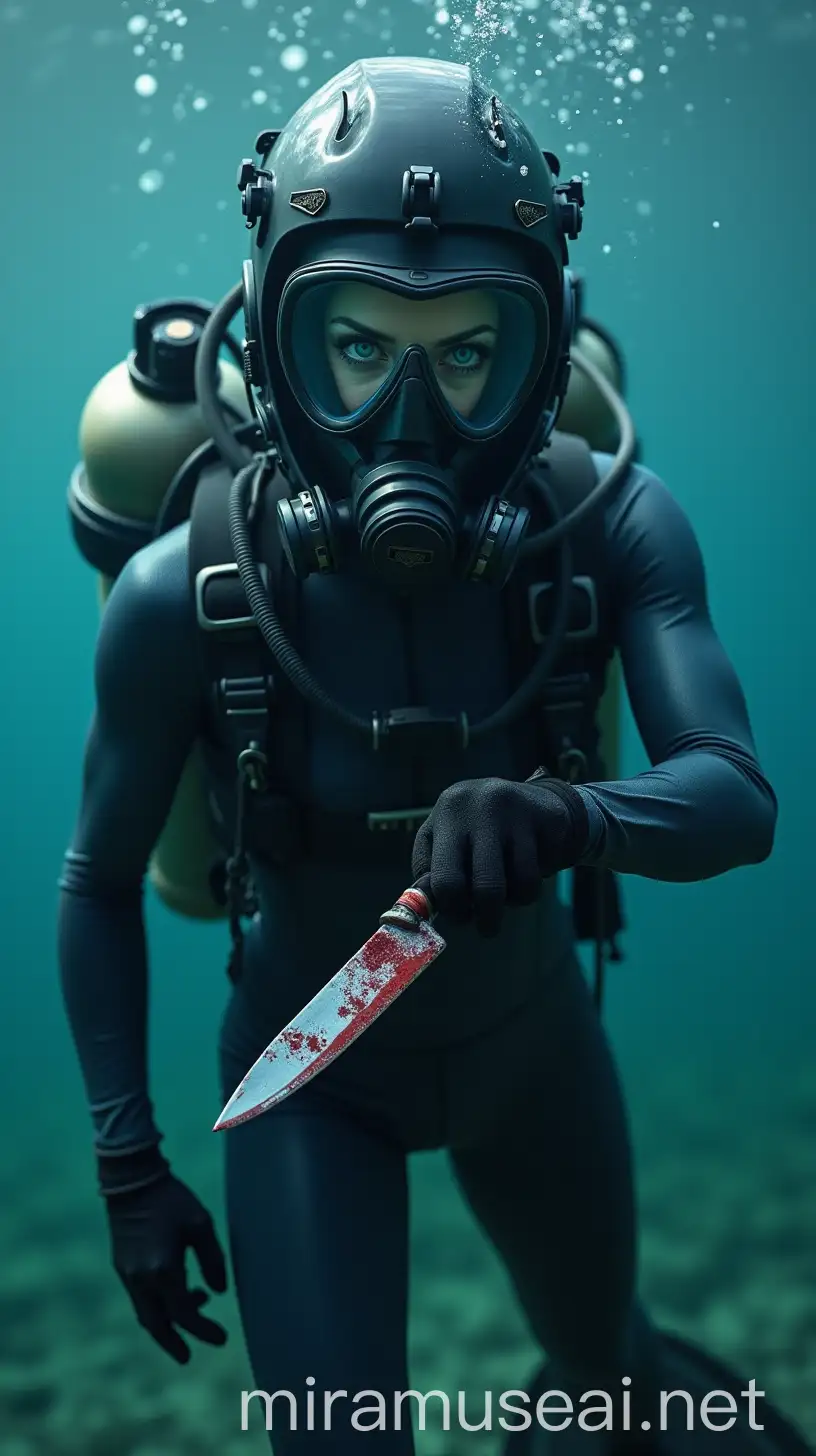 Intense Underwater Diver in Tactical Gear with Bloodied Knife