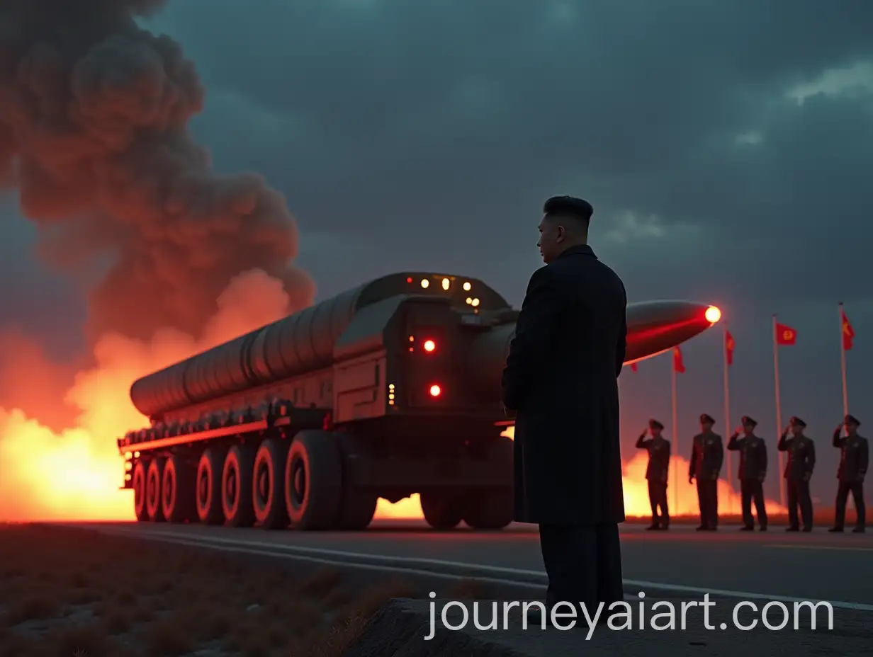 Kim-JongAI-Image-Prompt-Expansionun-Standing-Proudly-Beside-Hwasong17-ICBM-on-Transporter-Erector-Launcher-at-Missile-Test-Site