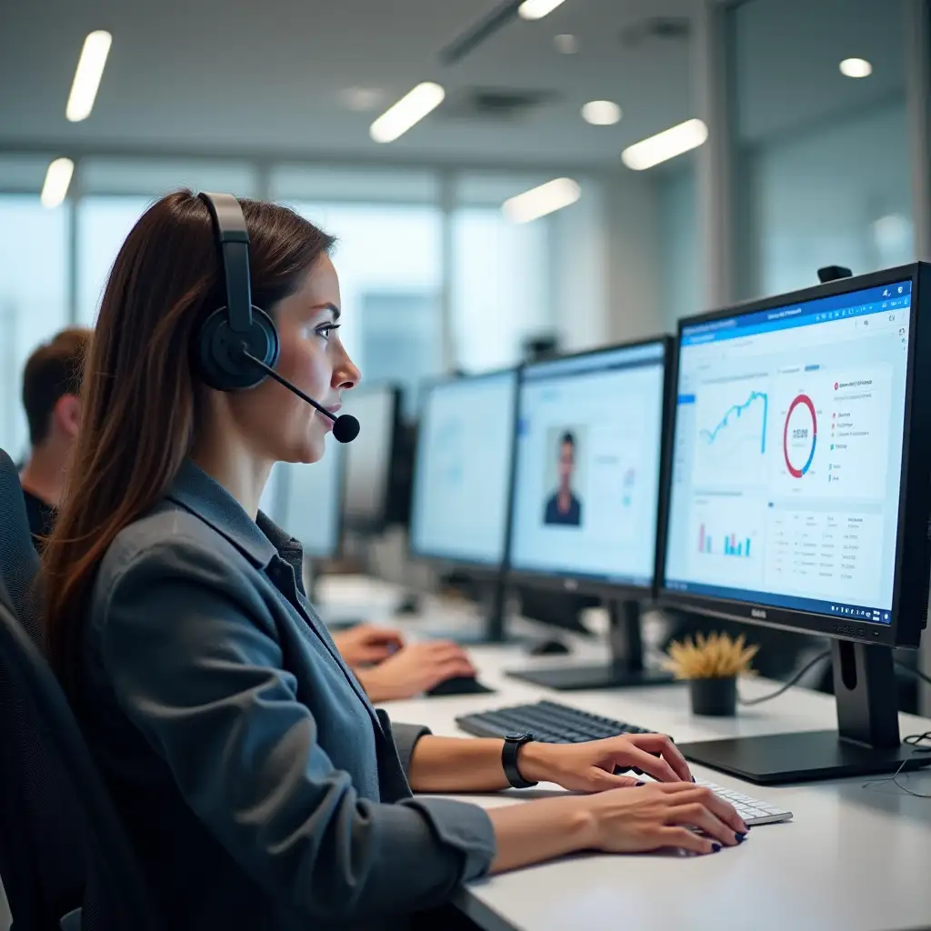 A modern customer support center with agents wearing headsets, sitting at sleek desks with dual monitors. One screen displays a chat window with a customer, while the other shows a dashboard with website analytics. The office is brightly lit, with a focus on a professional yet welcoming atmosphere.