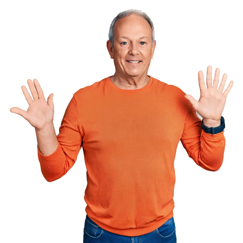 A 60 year old man, with a close cropped haircut, wearing an orange t-shirt. His hands should be by his side, not pointing in the air