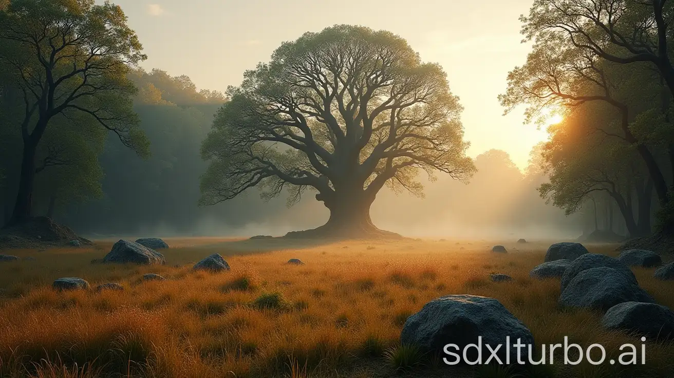 Very large clearing in oak forest at dawn with grass, wisps of mist, boulders and a huge dead and hollow oak tree in the center back.