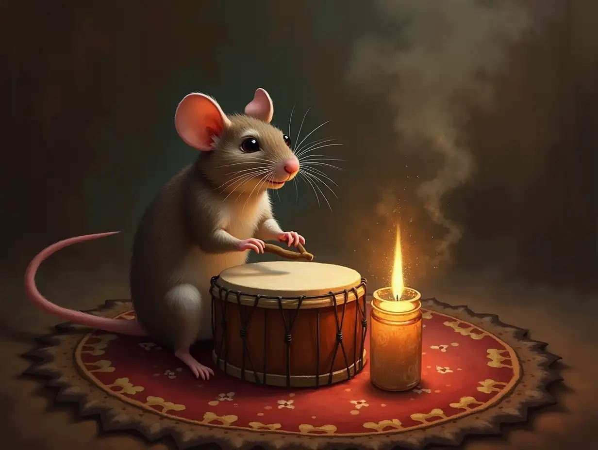 Give me a picture of a mouse playing a drum for a ritual