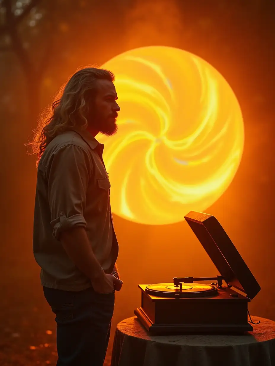 dust motes swirl in the golden light of a setting sun. A ruggedly handsome man with long blond hair stands beside a mysterious record player The air in front of him warps and twists into a glowing portal this old country song is undoing time itself