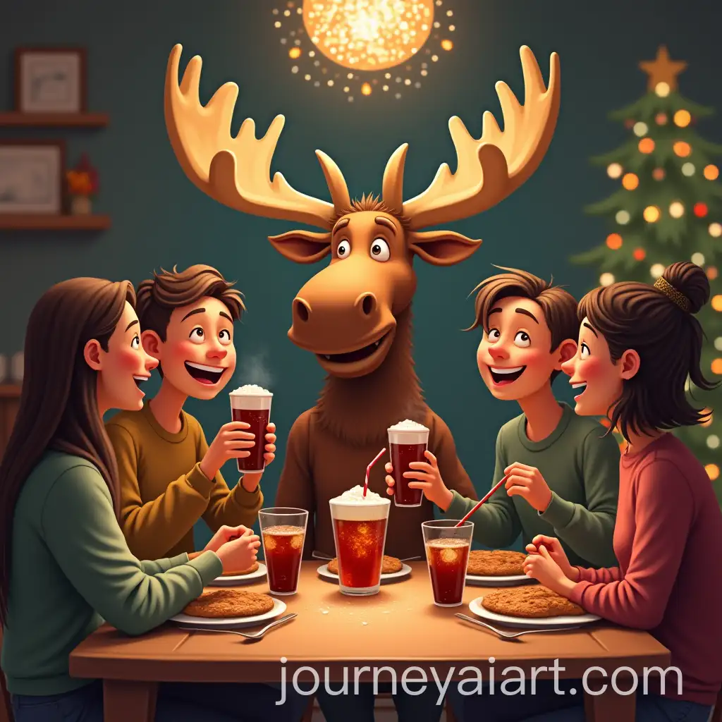 Family-Celebrating-New-Year-with-Humorous-Moose-at-Festive-Table