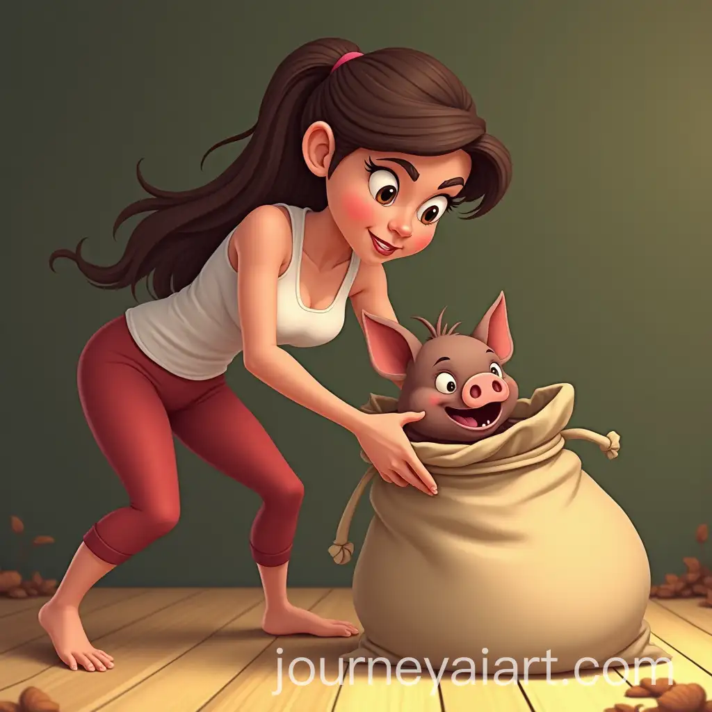 Animated-Woman-Capturing-Wild-Pig-in-Cloth-Sack