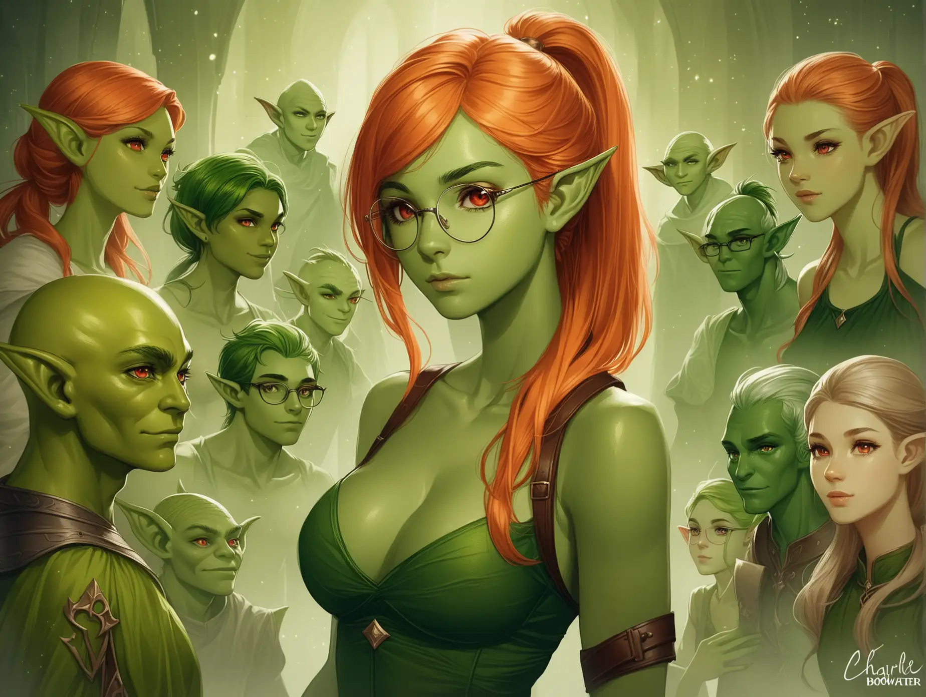 Elf ears, green skin, red eyes, Goblin, Charlie Bowater, fantasy, Orange Hair, Ponytail Hairstyle, Glasses, Green Tone, рост один метр, 3 размер груди, дальний план