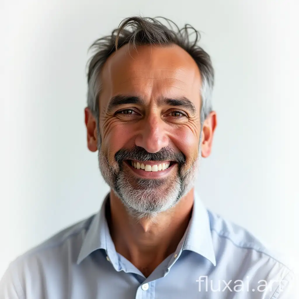 Create a bright, high-quality profile portrait of an Israeli man in his 40s. He has a slightly rugged and tanned appearance, indicative of someone who works hard. He is a medium-sized business owner, exuding confidence and resilience. The image should have a light background to highlight his features and make the portrait stand out.