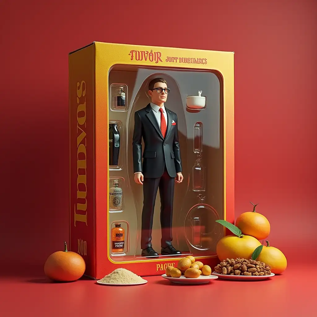 Create a photorealistic collectible figurine of a person on a photo. The figure should be full size and fit into a transparent plastic box with a colorful cardboard background, like real collector's toys. Make the packaging as realistic as possible - shiny plastic, compartments for items and a toy store design style. Write the brand on the box in yellow bold letters - FUDDVOR JOINT PURCHASES №1. The packaging atmosphere will be arrogance, red background, yellow letters. Place accessories next to the figurine: [crab tentacles, caviar of sturgeon, 2kg pistachios, mango box].
