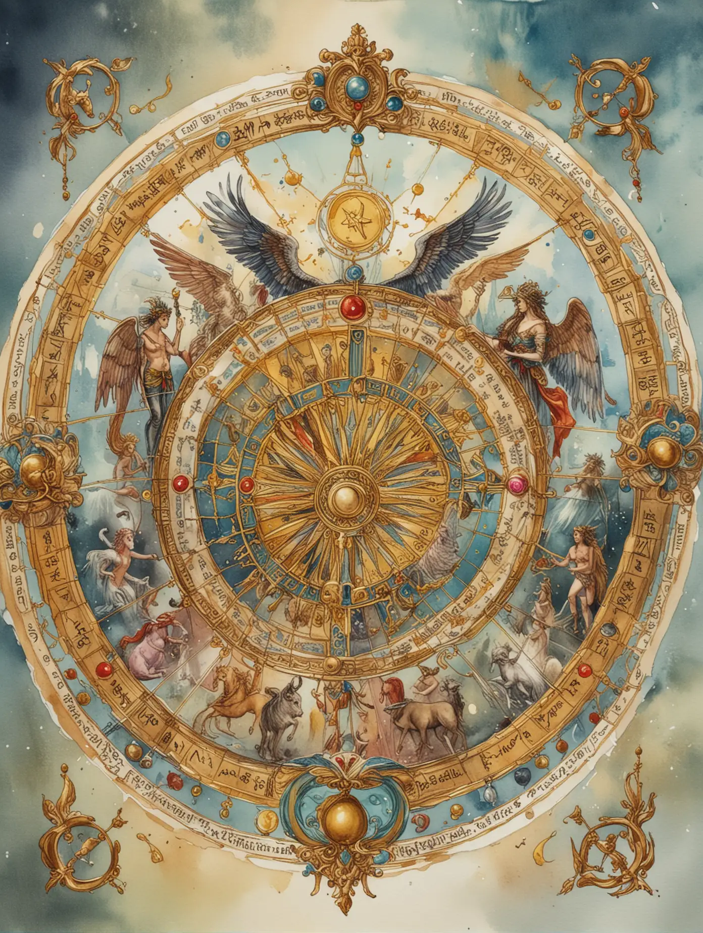 Watercolor-Tarot-Card-of-Wheel-of-Fortune-with-Magical-Symbols-and-Egyptian-Mythical-Creatures