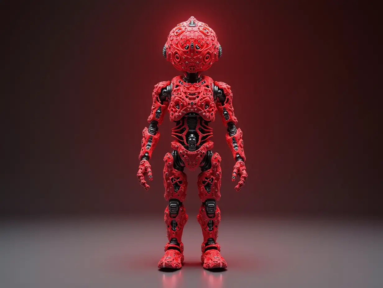 Create a high-resolution, realistic image of an artificial intelligence fractal colored redFractal humanoid robot, on the photo studio floor at 4-k resolution.