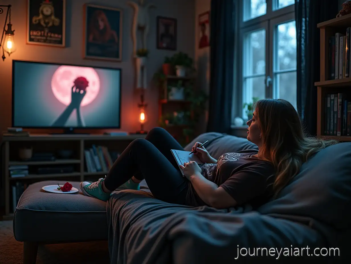 Woman-Drawing-a-Rose-in-Cozy-HorrorAI-Image-Prompt-ExpansionThemed-Room-with-Vintage-Movie-Posters