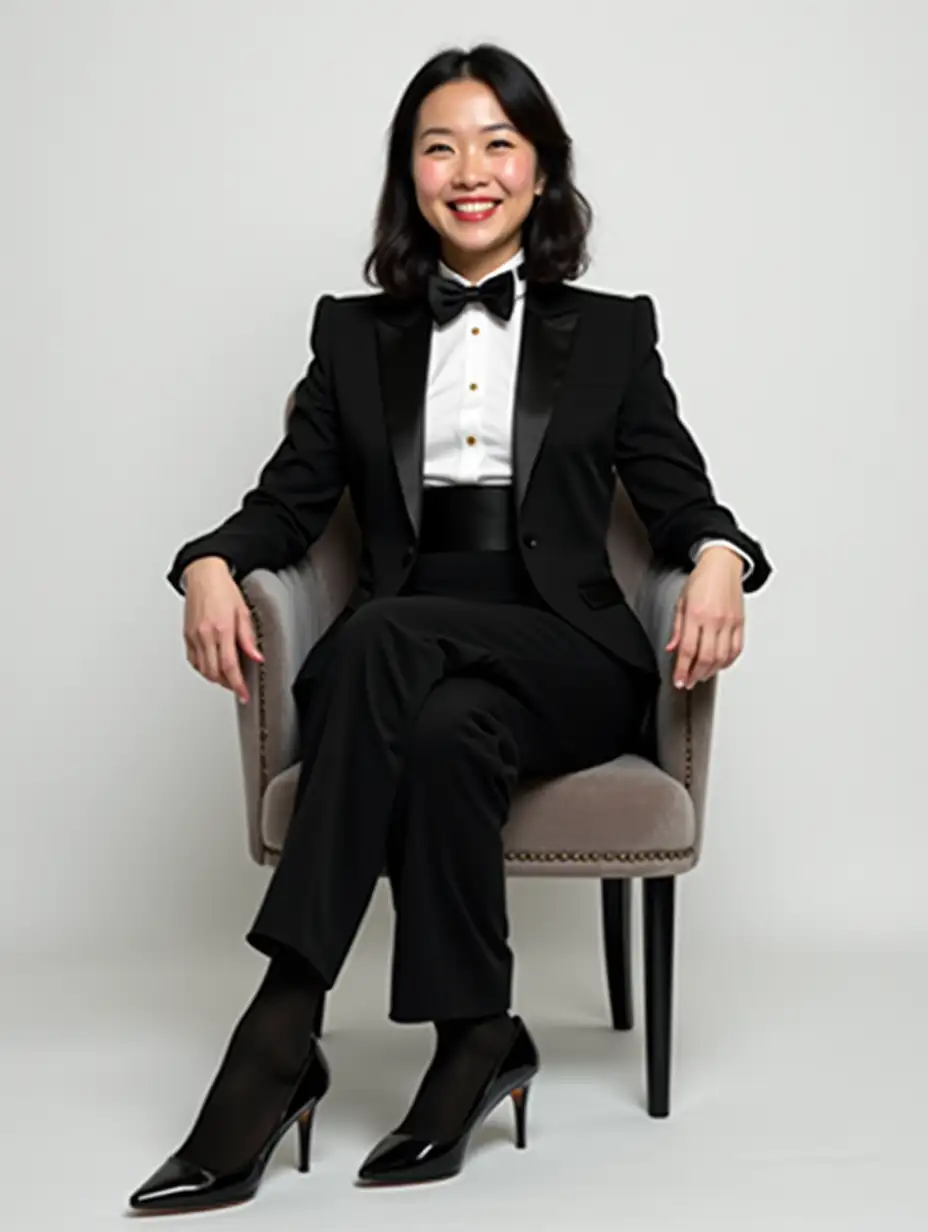 Elegant-Chinese-Woman-in-Formal-Black-Tuxedo-Sitting-Portrait