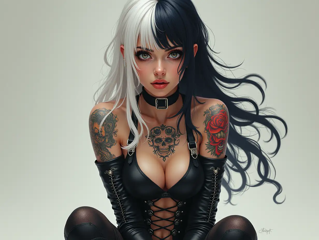 Depiction of a beautiful white woman with tattoos and long mixed white-black hair in a futuristic style and laced boots