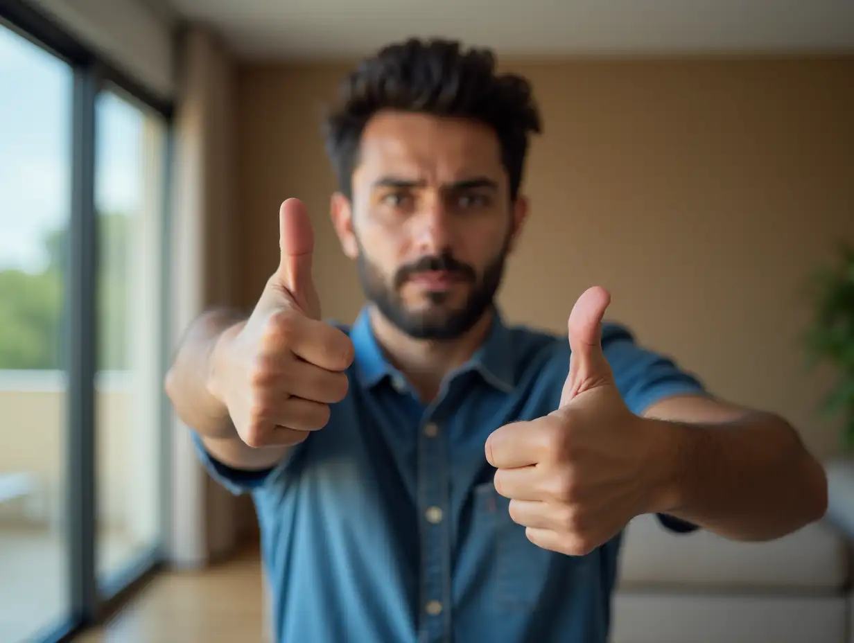 Dislike. Upset unhappy young Arabian man showing thumbs down sign gesture, expressing discontent, disapproval dissatisfied bad work at home apartment indoors. Displeased Indian guy in room on sofa