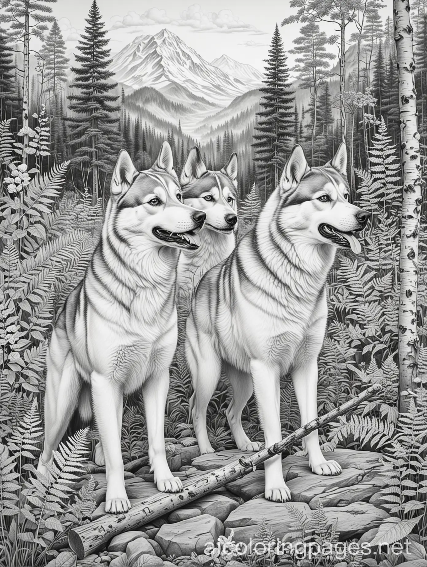 Two-Husky-Dogs-Playing-with-a-Wood-Stick-in-Mountain-Habitat-Coloring-Page