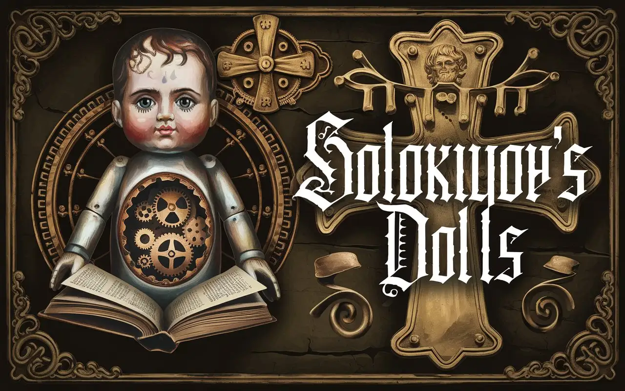 Logo design for a steampunk horror novel. Solovyov's Dolls. There is lots of Russian iconography and doll imagery