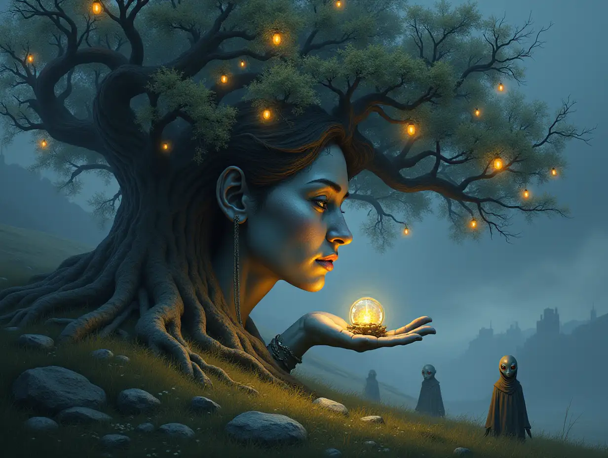 Creating a digital painting of a face with stone hair, carrying a hand with silver stones and illuminated trees with roots and lanterns and strange alien beings on a meadow