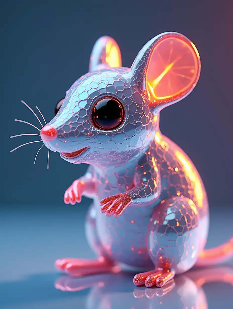 Mouse made of gloss glass stripes, many shiny facet like a diamond, refraction of light, ultra realistic, colored, sharp focus on the eyes, figurine,3d,hd, render octane