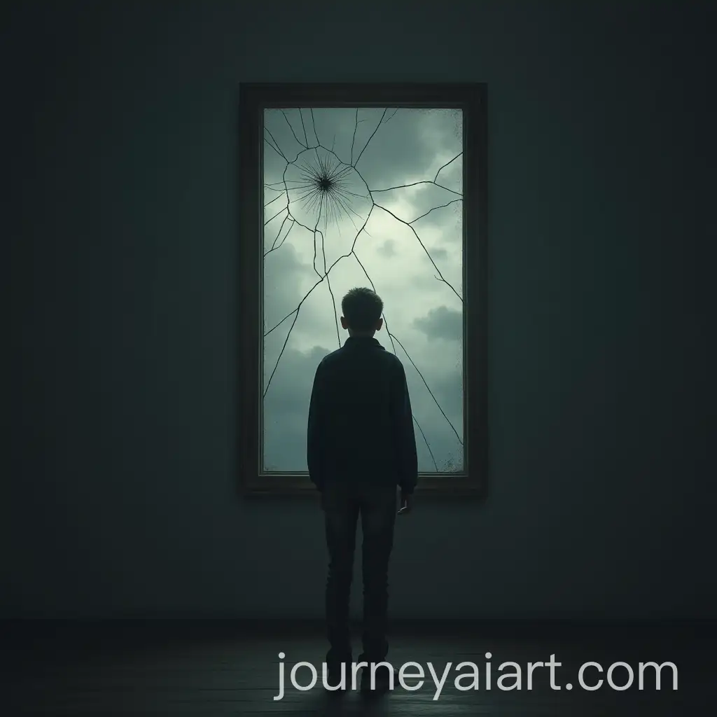 Person-Contemplating-Existential-Doubt-in-Dark-Room-with-Cracked-Mirror-and-Stormy-Sky