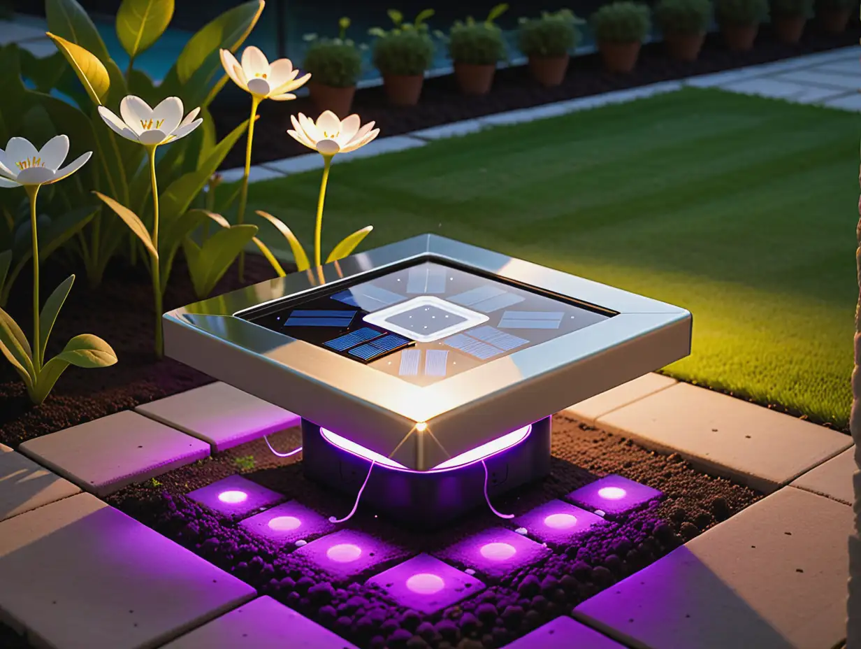 LED garden light, embedded in the ground, the LED light levitates in the air 5 centimeters from the ground while the base is embedded in the ground, there is no connection between the light and the base, it is floating, it is square, it looks technological, it uses solar panels to recharge its battery, it uses propellers air to recharge the battery with wind energy, it is wireless