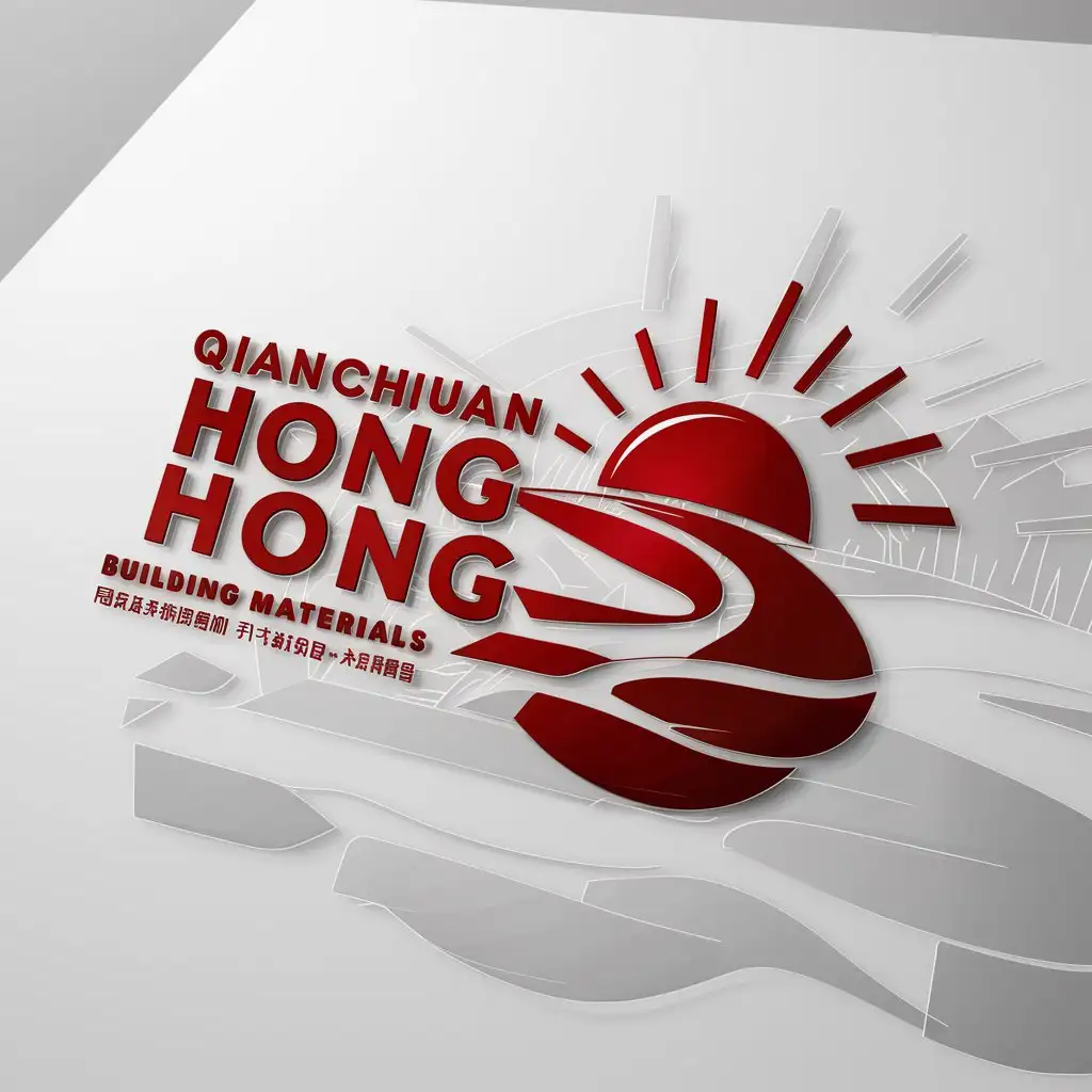 a logo design,with the text "Qianchuan Hong building materials", main symbol:Sun, river, red,Moderate,be used in Construction industry,clear background