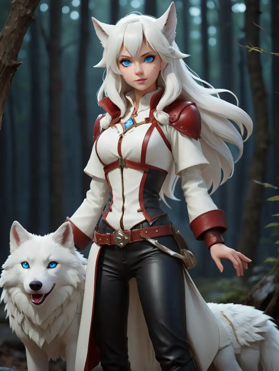 (((high resolution))), (((White mage's uniform))), ((mage woman)), wolves white ears, very night forest, white hair, (only 1 woman), (blue eyes), red freckles, ((without humans ears)), ((beautiful face)), ((black leather Trousers)), (((full body))), leather white boots,