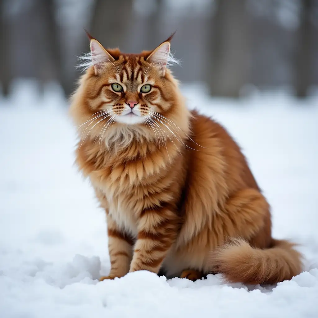 Maine Coon named 'Genius_Aus Answald', shortened to Djes, color red marble. Beautiful adult cat on a snowy background