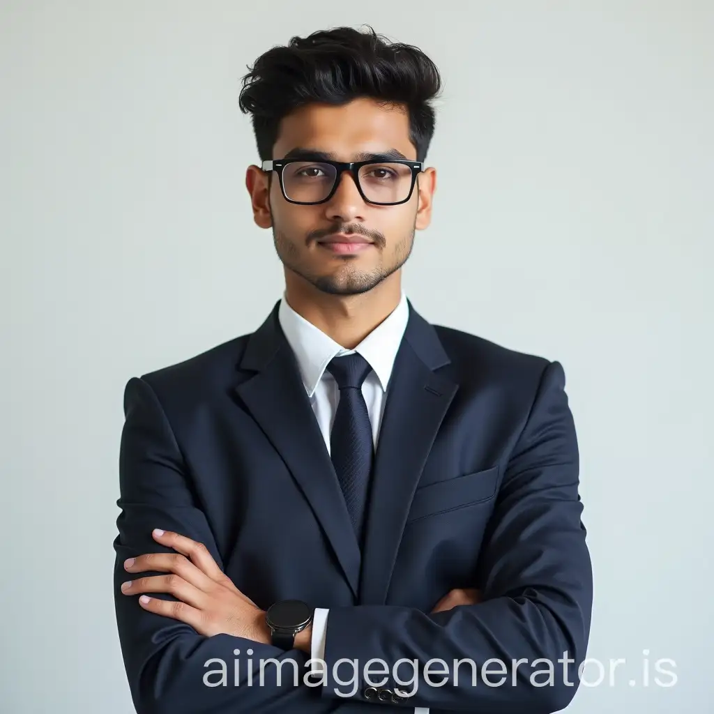 25 year old indian boy with fair skin and clean shave with rectangular spectacles posing for linkedin with crossed arms and mesomorphic body with formal suit in a light background