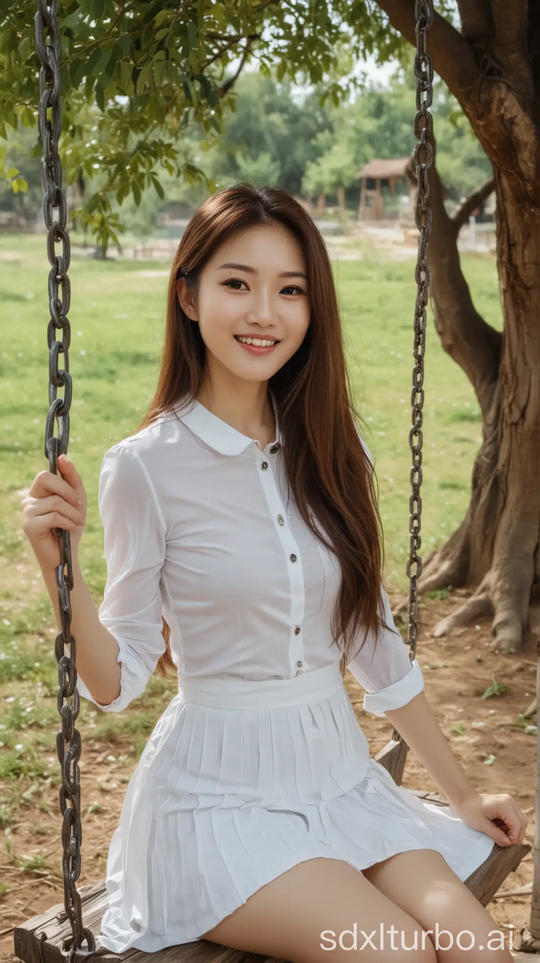 Chinese-Woman-with-Sweet-Smile-Sitting-on-Swing-Under-Country-Tree