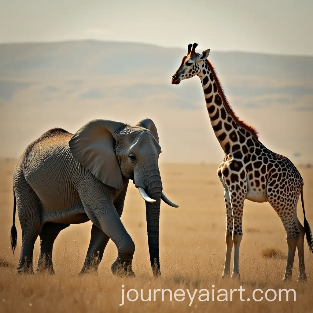 Elephant-and-Giraffe-Facing-Each-Other-in-a-Playful-Encounter