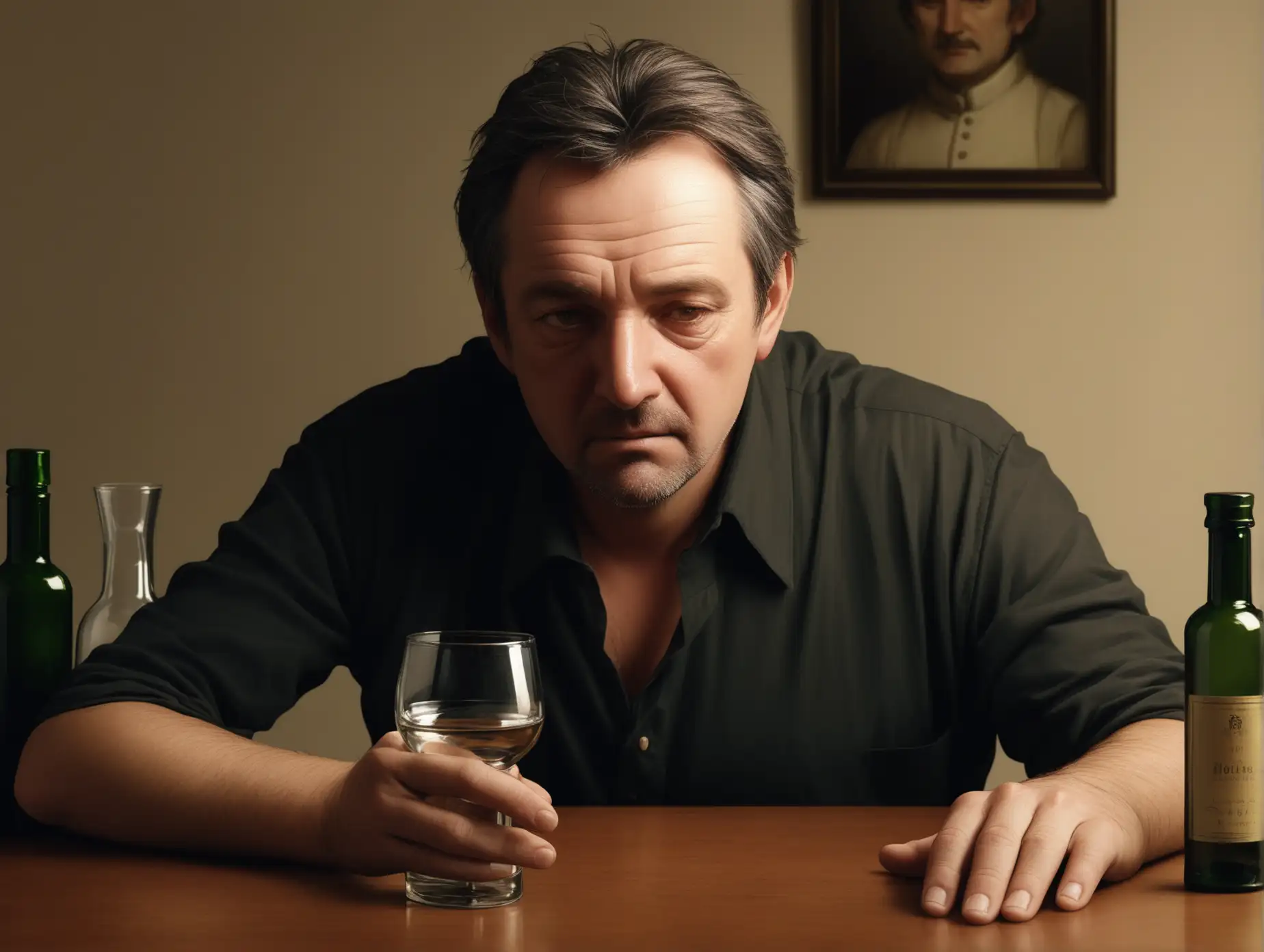 MiddleAged-Man-with-Bottle-and-Glass-on-Table