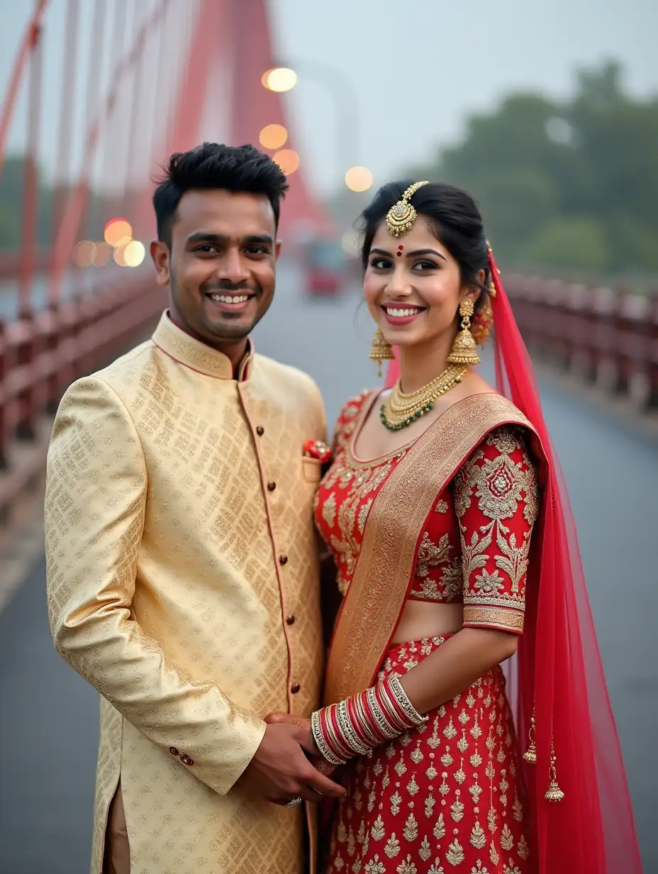 A young bride from Asian Indian background dressed in colorful Indian wedding clothing standing next to her groom in traditional clothing smiling and holding hands on a beautiful bridge with light traffic