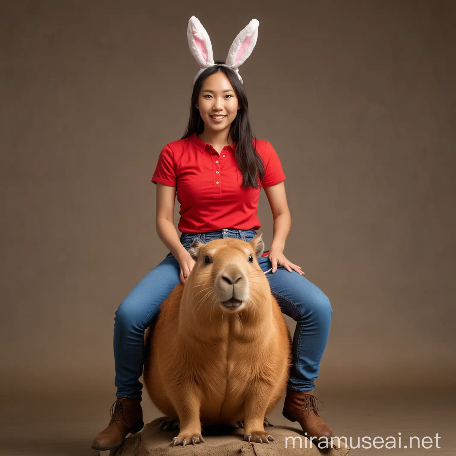 Asian Woman with Bunny Ears Riding Capybara in Red Shirt and Blue Jeans