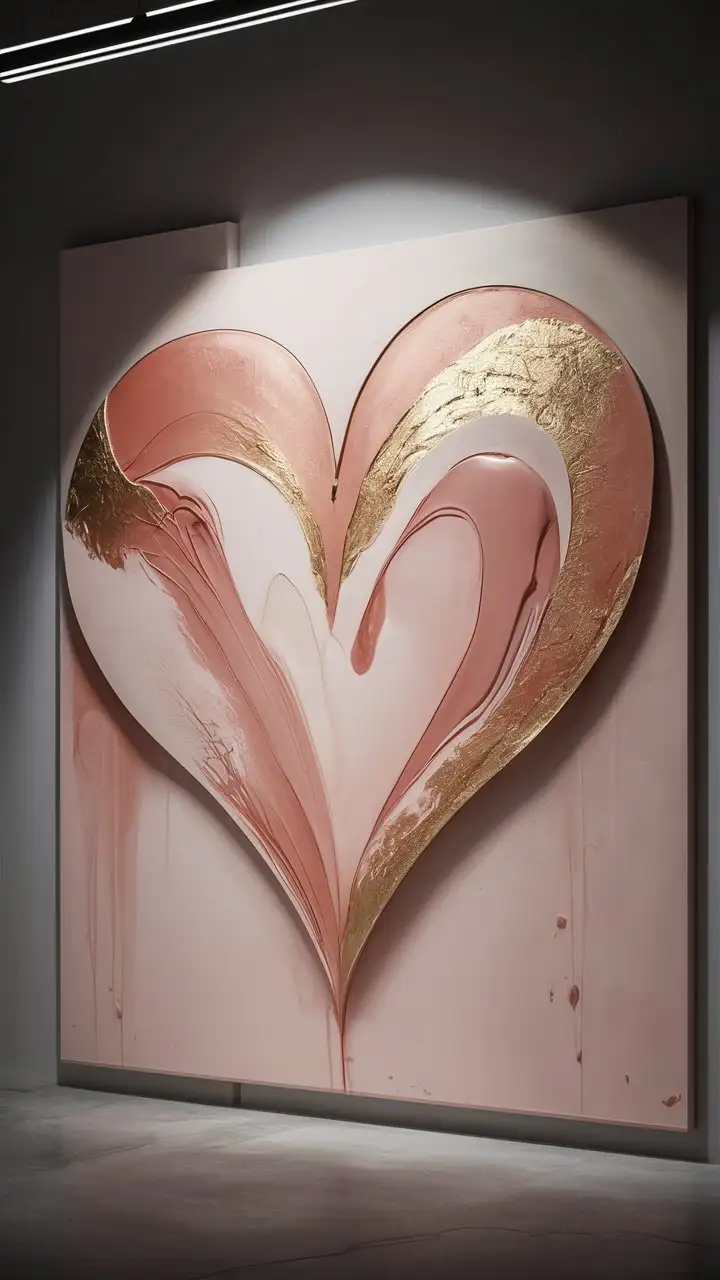 Abstract heart art, large canvas, fluid acrylics, blush pink, terracotta, and gold leaf, textured, minimalist modern style, gallery wall lighting, soft focus, high resolution --ar 2:3 --style raw --v 6.0