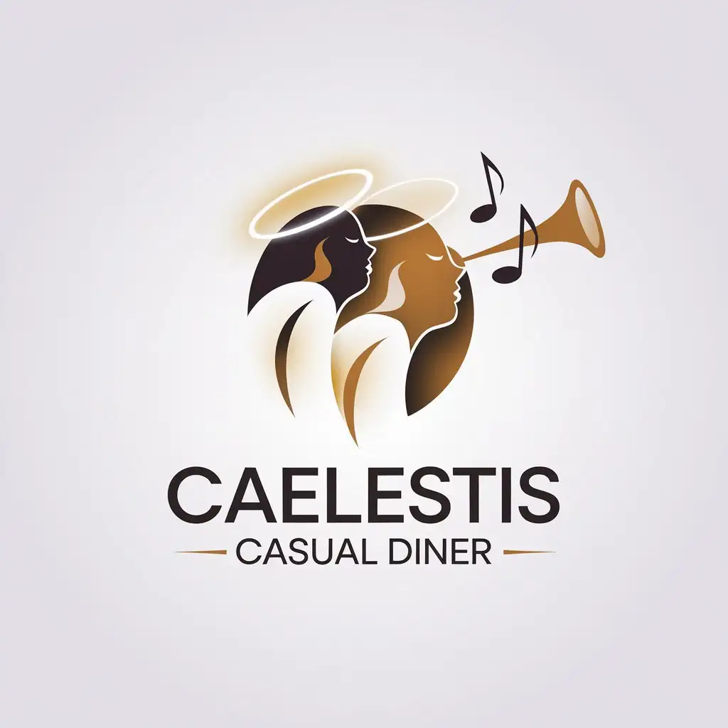 LOGO Design for Caelestis Casual Diner Minimalistic White Angels with Glowing Halos and Trumpets