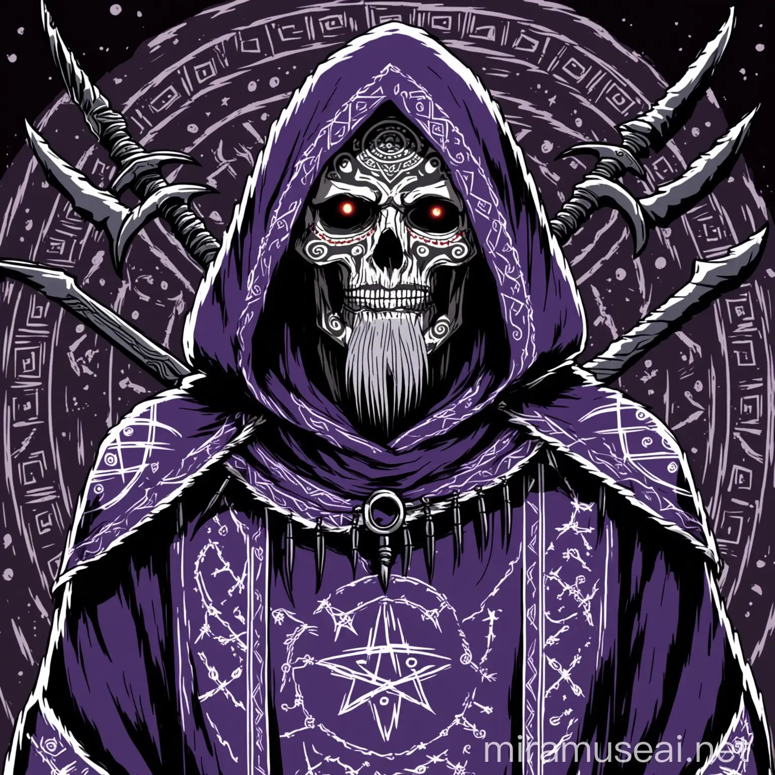 Old Man Reaper in Violet and Silver Tunic with Aztec Tattoos