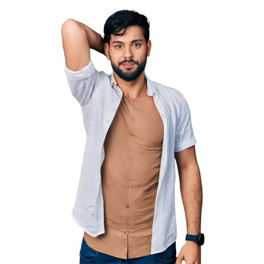 Full pose of a young bearded Indian man wearing white shirt which is totally wet with water.