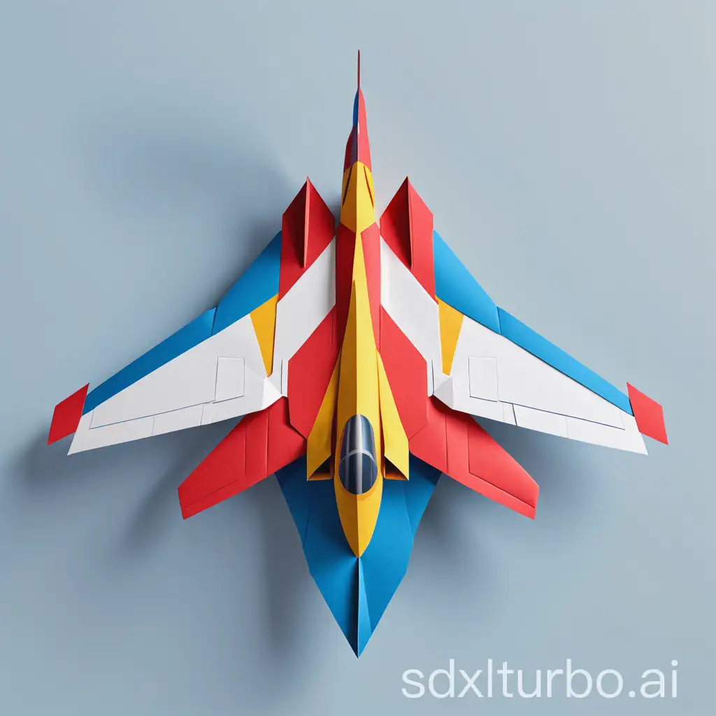 Top-down view of a 2D paper-craft style fighter jet, flat design, clean sharp paper edges, hand-cut layered paper texture, minimal shading, vibrant colors (red/blue/yellow), white paper borders, isolated on transparent background, game asset, vector art style, symmetrical design, simple geometric shapes