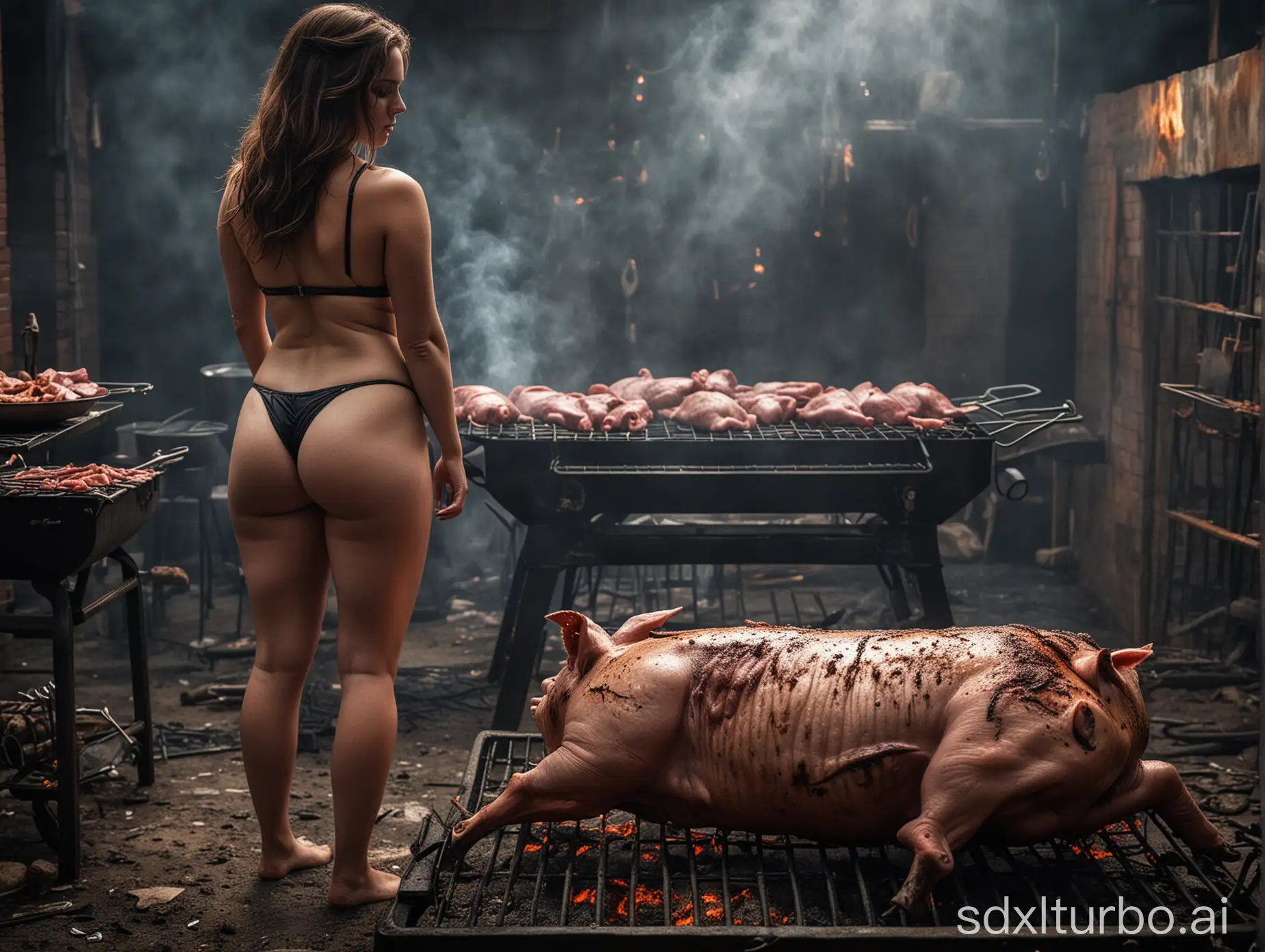 Woman-Grilling-Pig-Carcass-Dramatic-Lighting-and-Realistic-Textures