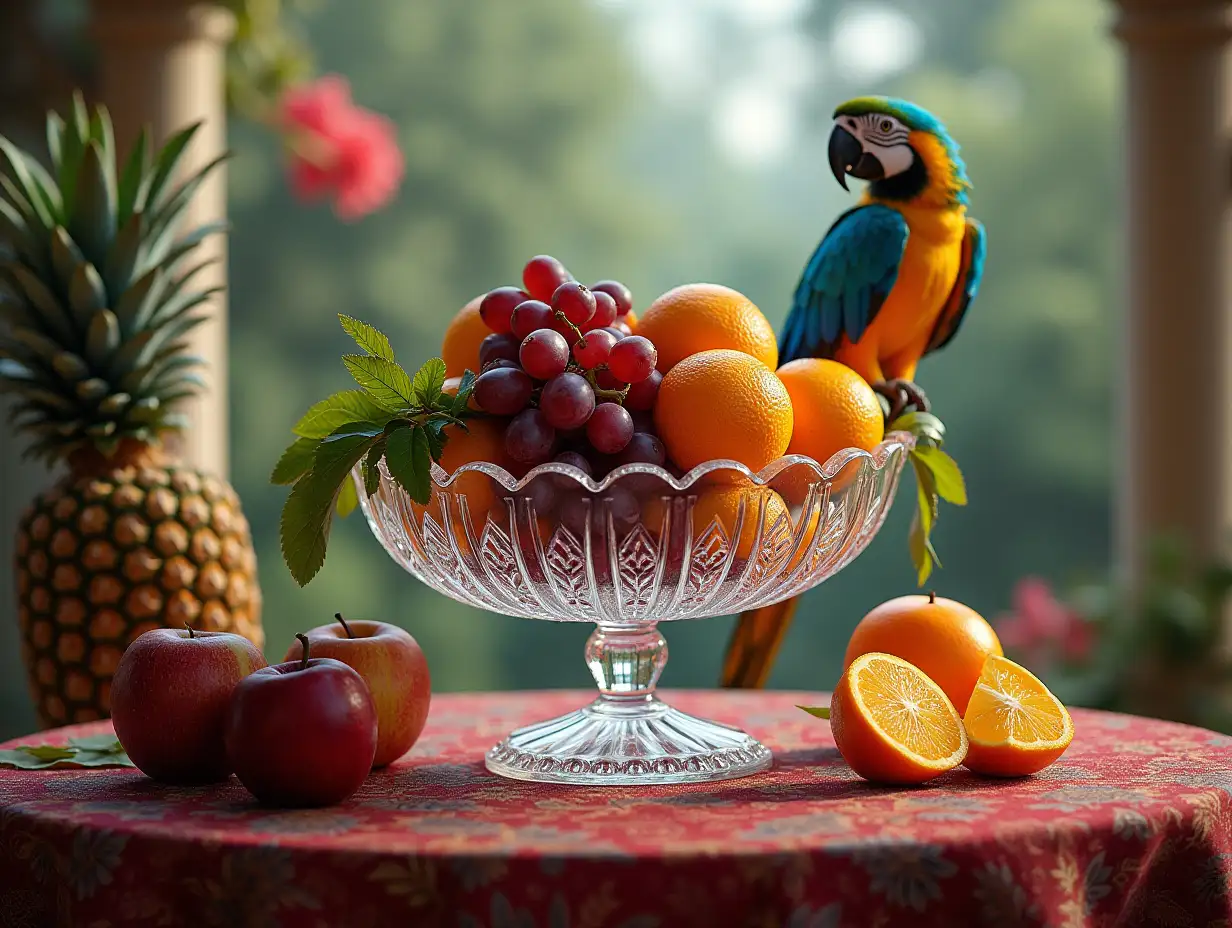 Ultra-detailed hyperrealistic portrait of a crystal fruit bowl with grapes, pineapple, apples, oranges on the table and a parrot in the veranda with elaborate, colorful details.