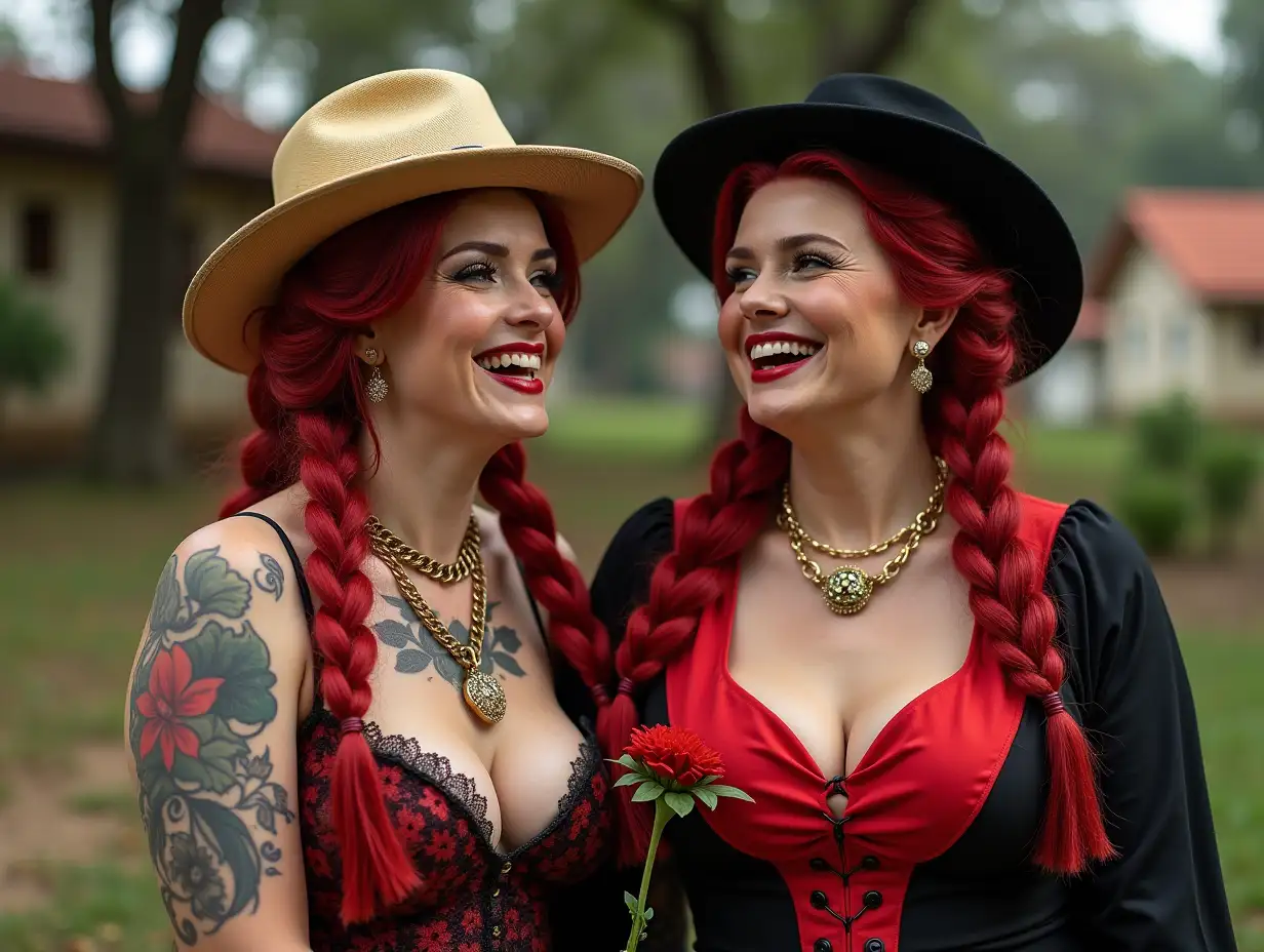 Two white, plump Pin-up girls 70 years old with red braids wear a low-cut blouse mixed with red and black, with a light laugh on their mouth, tattoos, golden top hat, red lipstick emphasizes their smile, modern jewelry, black skin, and carnation in hand, in a park with many houses in Brazil Cyberpunk 8k quality