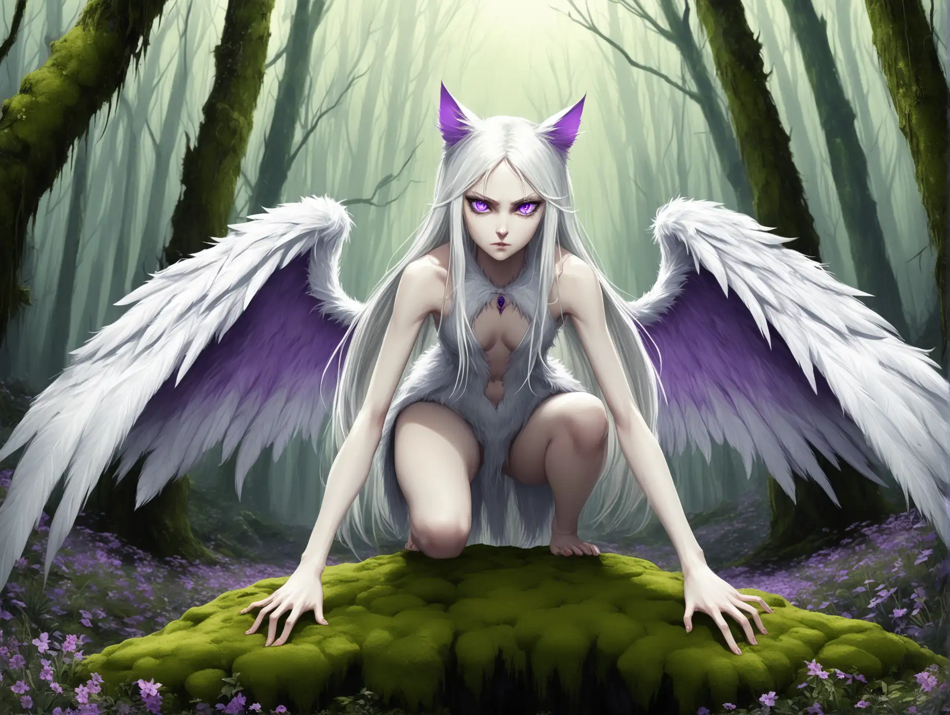 Wild-Young-Woman-with-WhiteAI-Art-Expansion-Feather-Wings-in-a-Luxuriant-Forest
