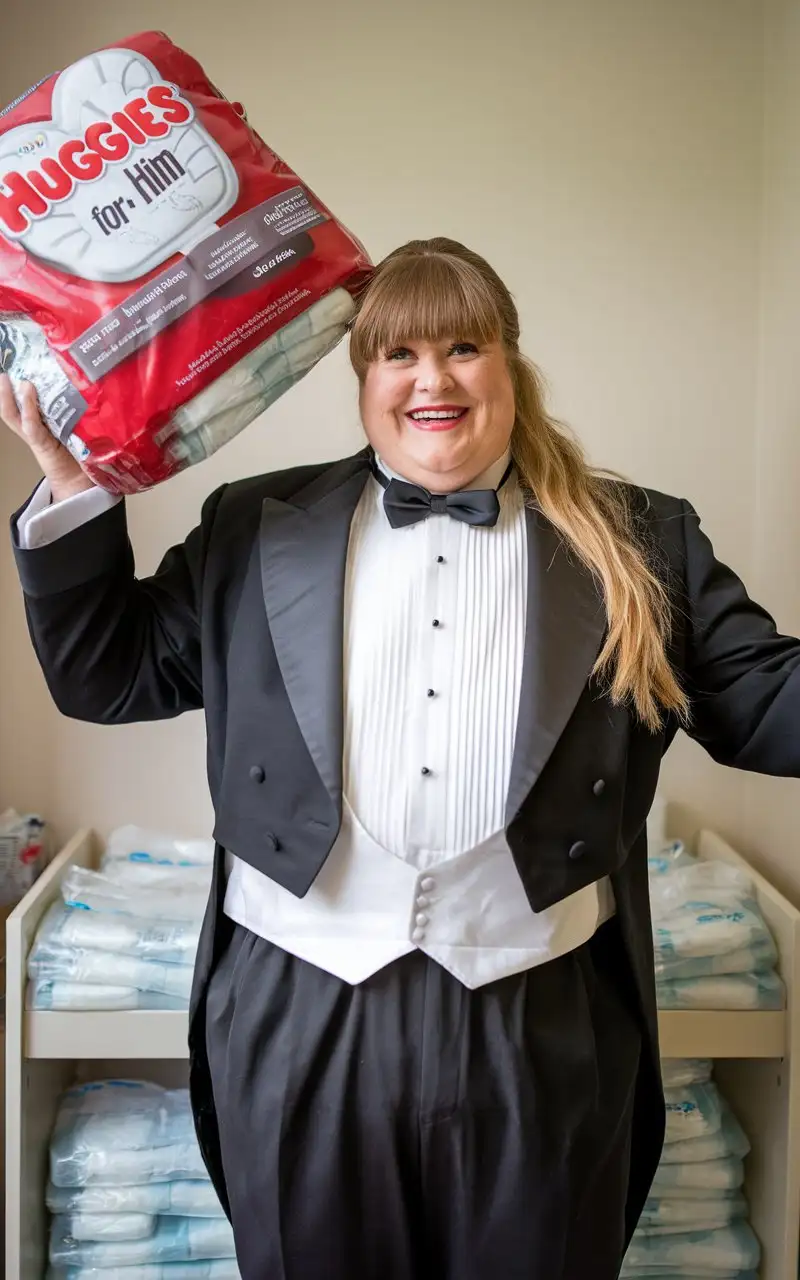 Smiling-MiddleAged-Caucasian-Woman-in-Formal-Tuxedo-Holding-Huggies-Diapers-in-Nursery