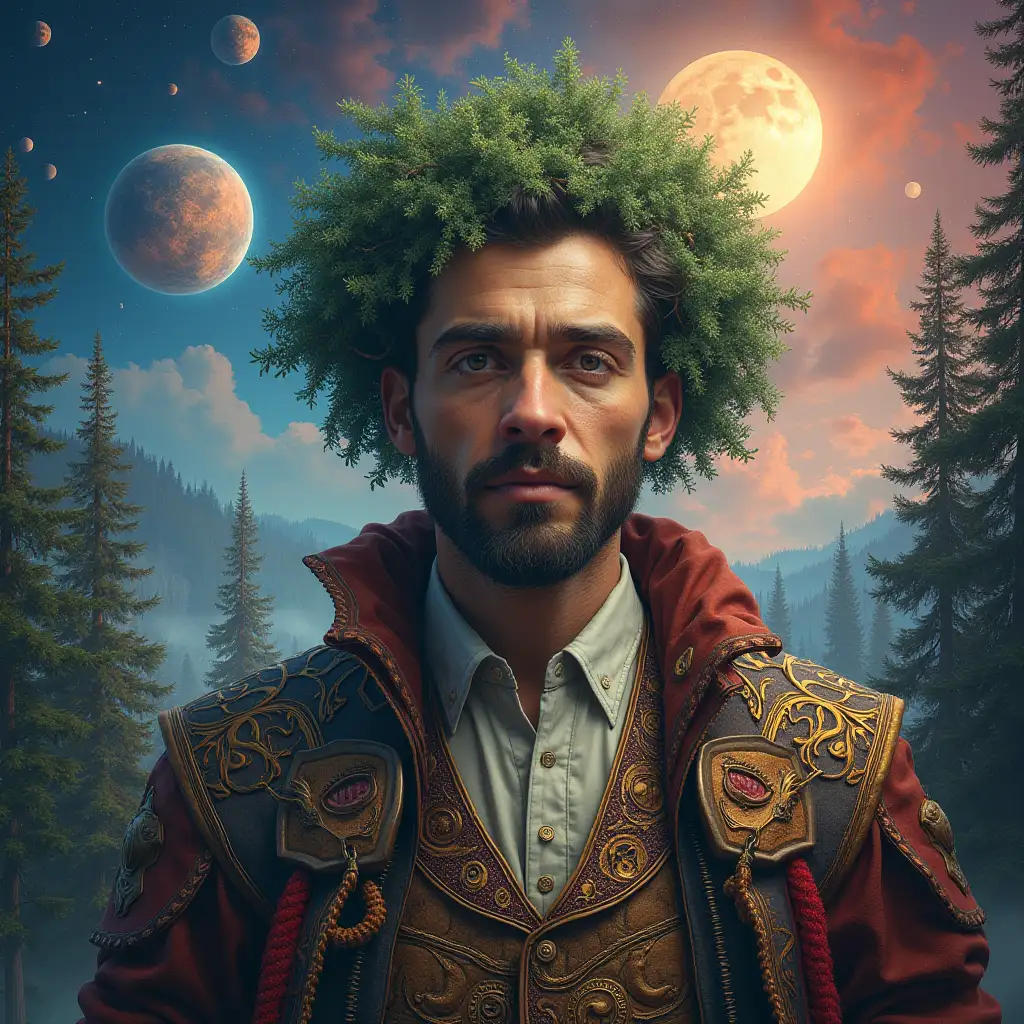 Hyperrealistic portrait of a multiverse time traveler and various foreign beings The elaborately detailed, colorful forested planets in the background